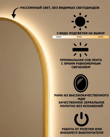Фантазия (Fancy) XL LED Золото Зеркало в полный рост в раме с подсветкой Art-Zerkalo SM190LGL 13967