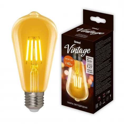 Лампочка светодиодная груша желтая E27 5W Uniel LED-ST64-5W/GOLDEN/E27 GLV22GO