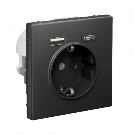 Розетка с заземлением, шторками и USB Type A+С (базальт) Systeme Electric GAL001432
