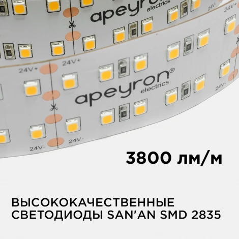 Светодиодная лента 24В ПРО 38Вт/м SMD2835 240д/м IP20 3800Лм/м ширина подложки 20мм, 5м 4000К Apeyron 00-315