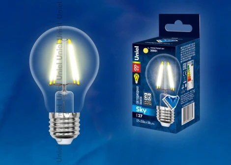 Лампочка светодиодная груша прозрачная E27 8W 3000K Uniel LED-A60-8W/WW/E27/CL PLS02WH