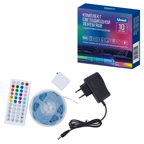 Комплект светодиодной ленты c Bluetooth, 10м. RGB свет, адаптер 24Вт, контроллер с пультом в/к Uniel Готовое решение ULS-A01 10M/RGB/BT RRP24C01
