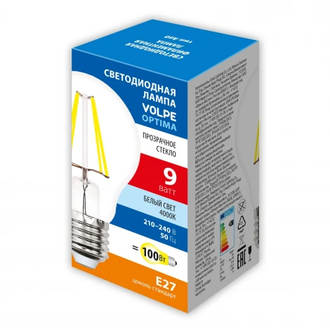 Лампочка светодиодная филаментная Volpe LED-A60-SLF LED-A60-9W/4000K/E27/CL/SLF