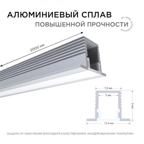 Профиль алюминиевый для светодиодной ленты П-образный , встраиваемый, серебро, 2 метра, шир. ленты до 5мм (рассеиватель белый матовый, заглушки - 2шт.) Apeyron 08-39