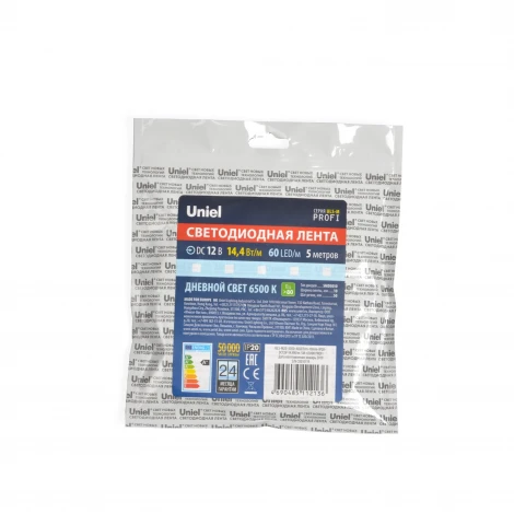 Светодиодная лента Uniel ULS-M25-5050-60LED/m-10mm-IP20-DC12V-14,4W/m-5M-6500K PROFI катушка в герметичной упаковке
