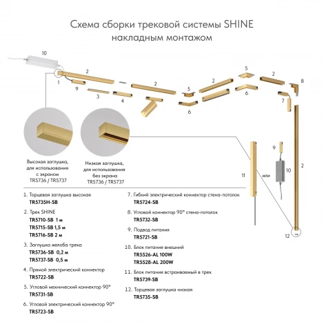 Коннектор прямой для трека Denkirs Shine Base TR5722-SB 48V сатинированная латунь