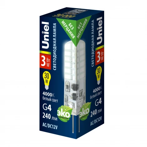 Лампа светодиодная с силиконовым покрытием, белый свет 4000К Uniel JC 12V LED-JC-12/3W/4000K/G4/CL SIZ05TR