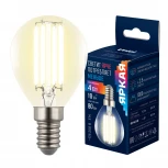 Лампа светодиодная, форма "шар", прозрачная, теплый белый свет 3000K Uniel Яркая A++ LED-G45-4W/3000K/E14/CL GLY01TR