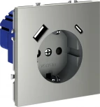 Розетка с заземлением, шторками и USB Type A+С (сталь) Voltum S70 VLS040505