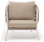 "Диего" кресло плетеное из роупа, каркас алюминий белый муар, роуп бежевый круглый, ткань бежевая 052 4SIS арт.УТ-00008595