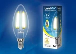 Лампочка светодиодная свеча прозрачная E14 7,5W 3000K Uniel LED-C35-7,5W/WW/E14/CL GLA01TR