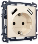 Комплект механизма Ambrella Volt электрической розетки ALFA MA309010 Бежевый глянец 2USB A+A 18W быстрая зарядка с заземлением и шторками 2P+E 16A-250V QUANT