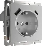 Розетка с заземлением, шторками и USB тип A+C (серебряный рифленый ) Werkel W1171709 (a056277)