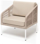 "Канны" кресло плетеное из роупа, каркас алюминий белый, муар, роуп бежевый круглый, ткань бежевая 035 4SIS арт.УТ-00006130