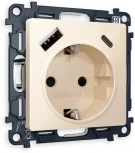 Комплект механизма Ambrella Volt электрической розетки ALFA MA310010 Бежевый глянец 2USB A+C 20W быстрая зарядка с заземлением и шторками 2P+E 16A-250V QUANT