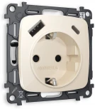 Комплект механизма Ambrella Volt электрической розетки OMEGA MO310010 Бежевый глянец 2USB A+C 20W быстрая зарядка с заземлением и шторками 2P+E 16A-250V QUANT