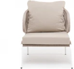 "Милан" кресло плетеное из роупа, каркас алюминий белый муар, роуп бежевый круглый, ткань бежевая 052 4SIS арт.УТ-00008598