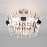 Потолочная люстра Wi-Fi на штанге Eurosvet Steccato 10111/5 сатин-никель/прозрачный хрусталь Strotskis (220V, управление смартфоном, голосовое управление, умный дом - Minimir Home, Алиса, Маруся, Салют, круглые)