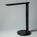 Офисная настольная лампа светодиодная складываемая с термометром будильником часами календарем с регулировкой цветовой температуры яркости и беспроводным ЗУ ЭРА NLED-505-10W-BK (220V, сенсорный выключатель)