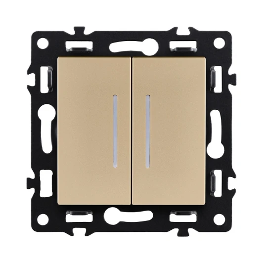 AS-011GD Выключатель 2-клавишный проходной 10А/250В с LED подсветкой, золотой Kollinger Asthetik AS-011GD