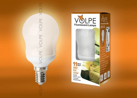 CFL-G 45 220-240V 11W E14 2700K картон Лампочка энергосберегающая шар белая E14 11W 2700K Volpe CFL-G 45 220-240V 11W E14 2700K