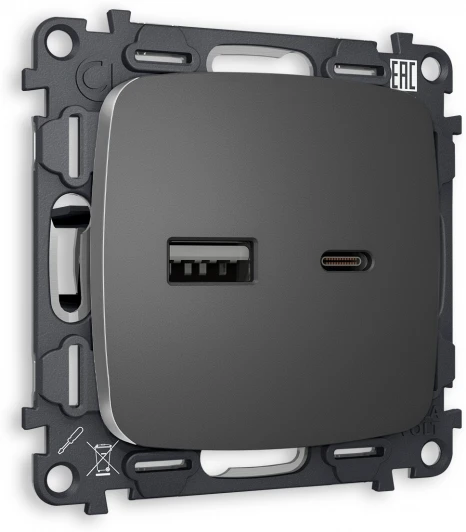 MO661010 Комплект механизма Ambrella Volt розетки OMEGA MO661010 Антрацит серый 2USB A+C 20W быстрая зарядка QUANT