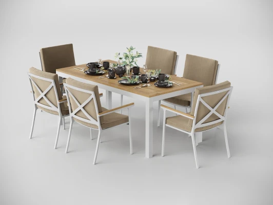 DPBLL.020218.C5 Обеденная группа Gardenini Premium Bella (Алюминий,Ткань,Тик/Белый,Бежевый,Светлое дерево) арт.DPBLL.020218.C5