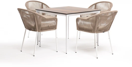 MAL-CL4T1-5-SET beige "Малага" обеденная группа на 4 персоны со стульями "Лион", каркас белый, роуп бежевый 4SIS арт.УТ-00005715