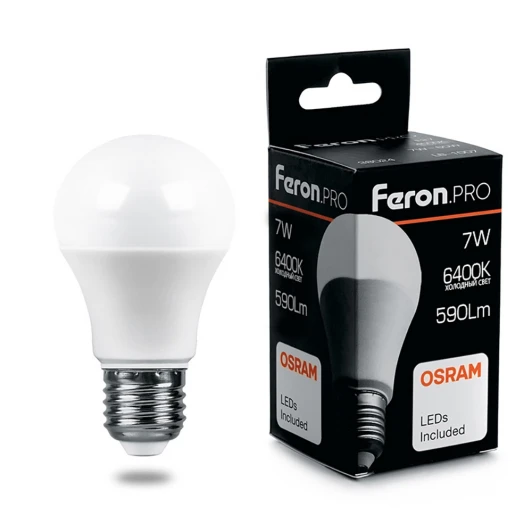 38025 Лампочка светодиодная белый шар E27 7W Feron 38025