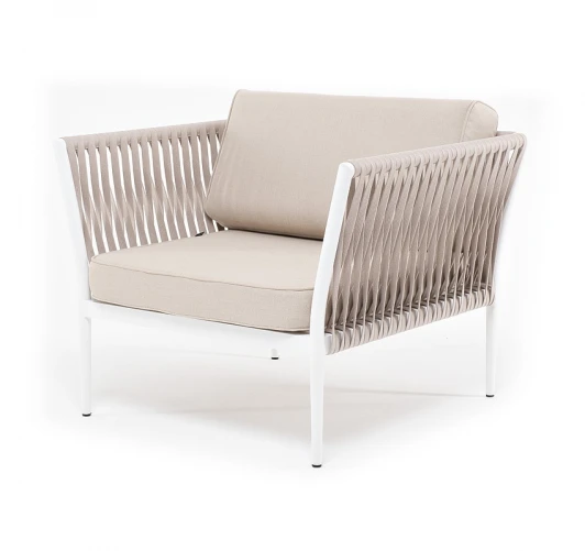 KAS-A-001W beige(beige) Кресло плетенное из роупа, каркас алюминий белый, роуп бежевый 20мм, ткань бежевая 4SIS Касабланка KAS-A-001W beige(beige)