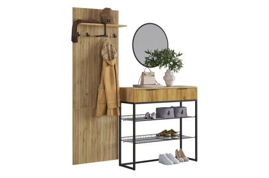 ПК0002Мебельсон.3531 Прихожая "Мебельсон К2" (1552х335х1750) Mebelson (ЛДСП,Пластик,Металл,Зеркало,МДФ/Дуб крафт золотой,Черный) арт.ПК0002Мебельсон.3531
