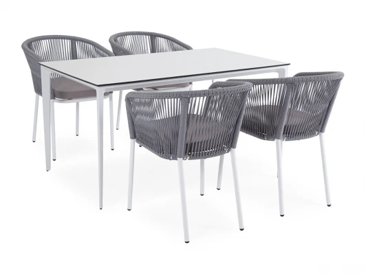 MAL-CM4T1-5-SET H-gray Обеденная группа на 4 персоны со стульями Марсель, каркас белый, роуп светло-серый 4SIS Малага MAL-CM4T1-5-SET H-gray