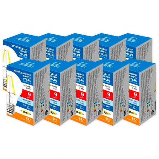 LED-A60-9W/4000K/E27/CL/SLF Набор из 10штук Лампа светодиодная Volpe Optima Филамент LED-A60-9W/4000K/E27/CL/SLF Набор из 10штук прозрачная белый свет 4000K