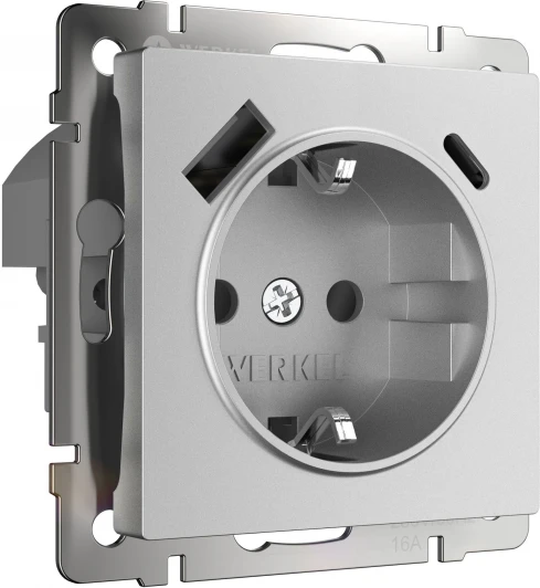 W1171765 Розетка с заземлением,шторками и USB Type A+С (серебряный матовый) Werkel W1171765 (a063618)