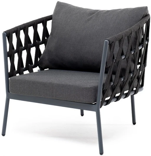 DIE-A-001 RAL7024 Mua D-grey(D-gray027) "Диего" кресло плетеное из роупа, каркас алюминий темно-серый (RAL7024) муар, роуп темно-серый круглый, ткань темно-серая 027 4SIS арт.УТ-00006829