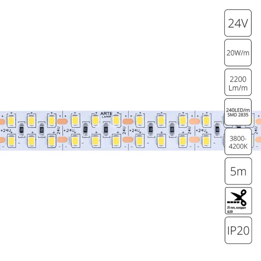 A2424015-02-4K Светодиодная лента 24V 20W/m 4000К 5м Arte Lamp Tape A2424015-02-4K