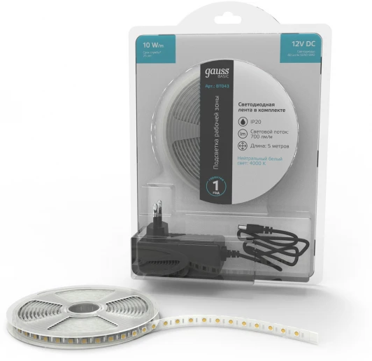BT043 Светодиодная лента Gauss Basic BT043 LED 5050/60 12V 10W/m 700lm/m 4000K 10mm IP20 5m