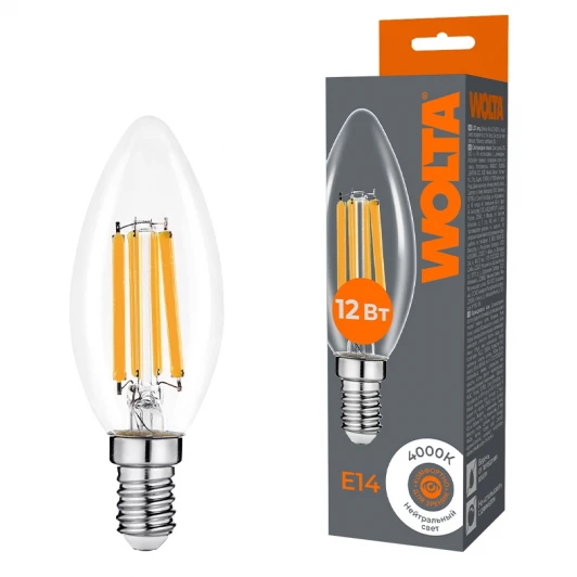 WF-C35-12W4KE14 Светодиодная лампа FILAMENT 12Вт 4000K Е14 Wolta WF-C35-12W4KE14