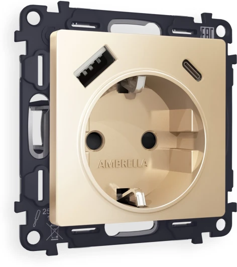 MA610010 Комплект механизма Ambrella Volt электрической розетки ALFA MA610010 Шампань 2USB A+C 20W быстрая зарядка с заземлением и шторками 2P+E 16A-250V QUANT