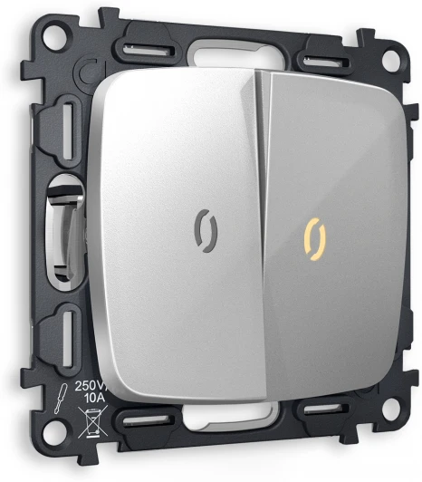 MO404030 Комплект механизма Ambrella Volt 2-клавишного проходного выключателя с подсветкой 3200K OMEGA MO404030 Серебро глянец QUANT