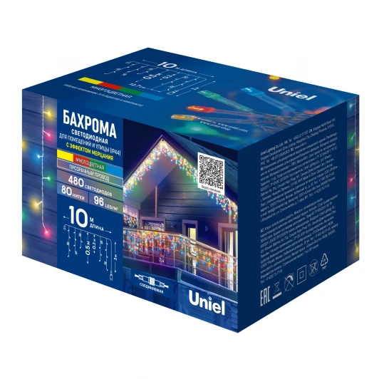 ULD-B10005-480/TTK MULTI IP44 Бахрома светодиодная с эффектом мерцания, 10м. соединяемая, 480 светодиодов, разноцветный свет Uniel ULD-B10005-480/TTK MULTI IP44
