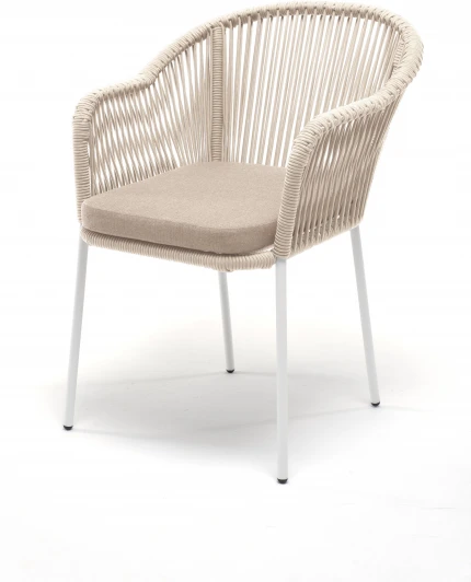 LIO-CH-st001 W Mua beige(beige) "Лион" стул плетеный из роупа, каркас из стали белый муар, роуп бежевый круглый, ткань бежевая 4SIS арт.УТ-00004048