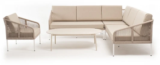 KAN-S5C1T1-5-WHITE-SET biege "Канны" модульная угловая лаунж-зона из роупа (веревки) со столом "Диего" (молочный), цвет бежевый 4SIS арт.УТ-00008432