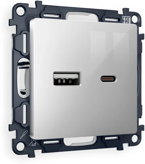 MA411010 Комплект механизма Ambrella Volt розетки ALFA MA411010 Серебро глянец 2USB A+C 20W быстрая зарядка QUANT