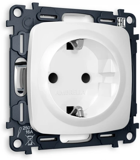 MO127010 Комплект механизма Ambrella Volt электрической розетки OMEGA MO127010 Белый матовый с заземлением со шторками 2P+E 16A-250V QUANT