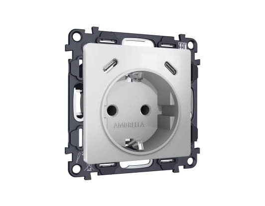 MA410510 Комплект механизма электрической розетки с заземлением с 2хUSB Type-C встраиваемый (серебро глянец) Ambrella Volt QUANT MA410510