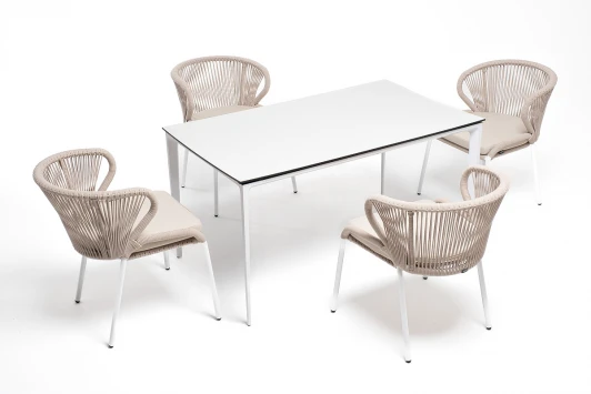 MAL-CMIL4T1-5-SET beige Обеденная группа на 4 персоны со стульями Милан, каркас белый, роуп бежевый 4SIS Малага MAL-CMIL4T1-5-SET beige