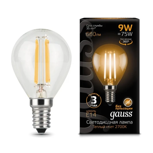 105801109 Лампочка светодиодная E14 9 Вт 550 lm 2700K теплое желтое свечение Gauss Filament 105801109