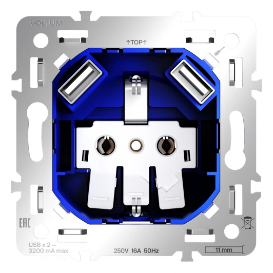 VLS0404M Механизм розетки с заземлением и защитными шторками 16А, с USB A+A Voltum S70 VLS0404M