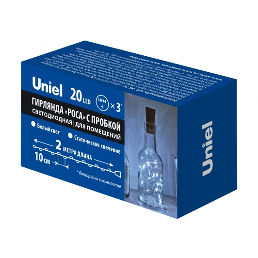 ULD-S0200-020/SСR/3LR WHITE IP20 WINESTOPPER Гирлянда светодиодная «Роса» с пробкой на батарейках 3*LR44(в/к), 2м. 20 светодиодов, белый свет Uniel ULD-S0200-020/SСR/3LR WHITE IP20 WINESTOPPER